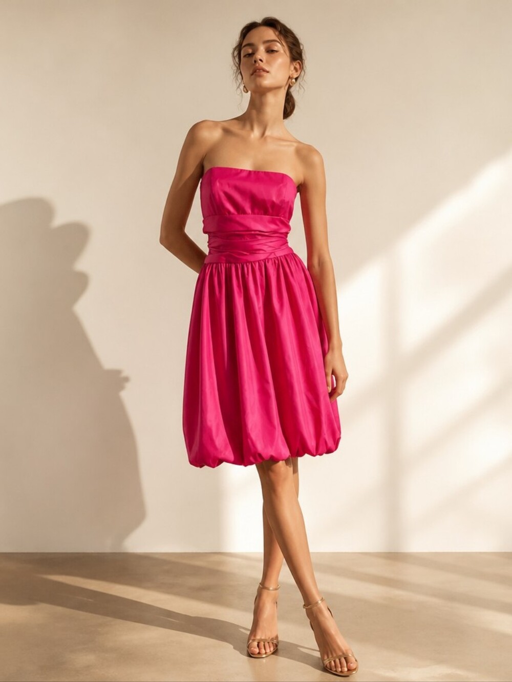 Davids Bridal Dark Pink Bubble Bridesmaid Dress Size 10 Taffeta Strapless Bow